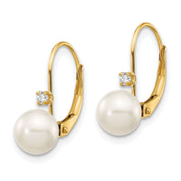 14K 6-7mm Round White FWC Pearl .06ct. Diamond Leverback Earrings-XF264E