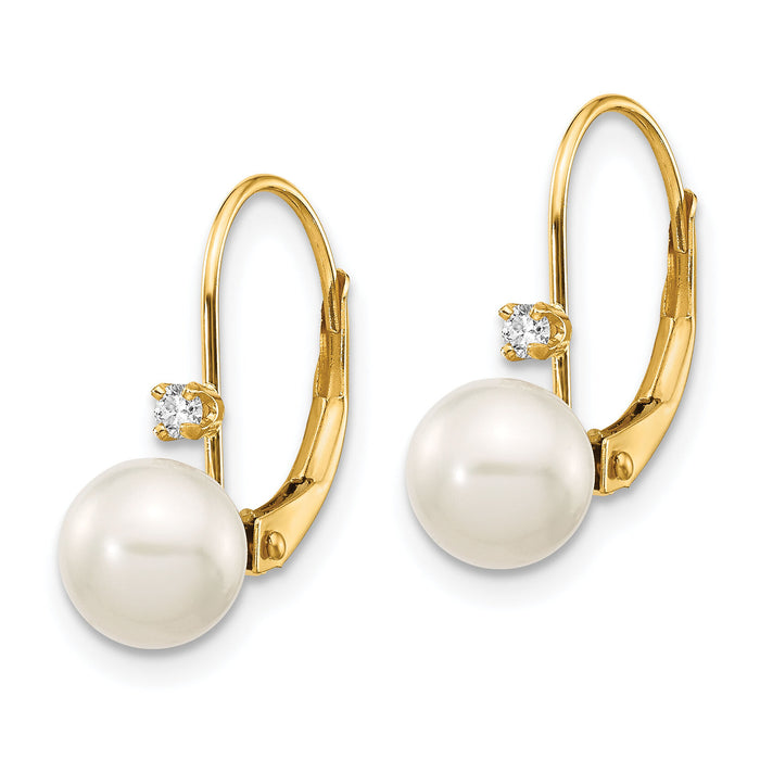 14K 6-7mm Round White FWC Pearl .06ct. Diamond Leverback Earrings-XF264E