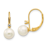 14K 6-7mm Round White FWC Pearl .06ct. Diamond Leverback Earrings-XF264E