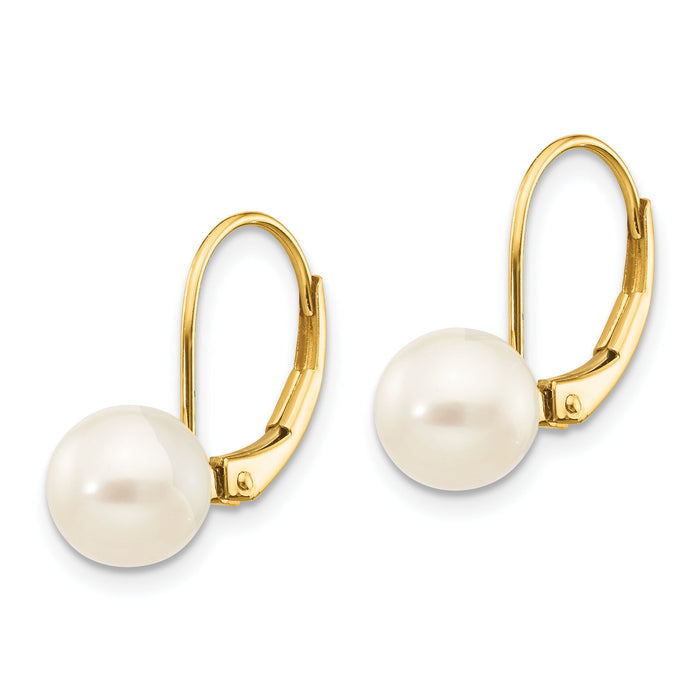 14K 7-8mm White Round Freshwater Cultured Pearl Leverback Earrings-XF266E