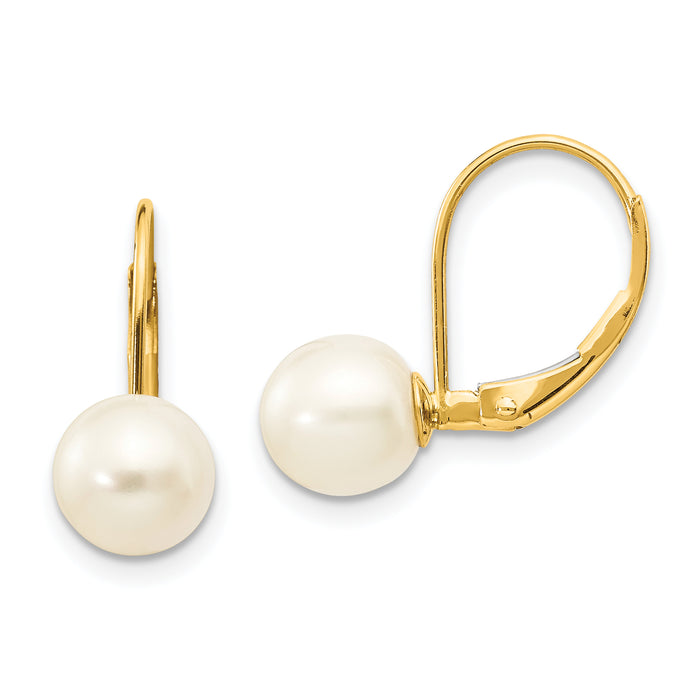 14K 7-8mm White Round Freshwater Cultured Pearl Leverback Earrings-XF266E