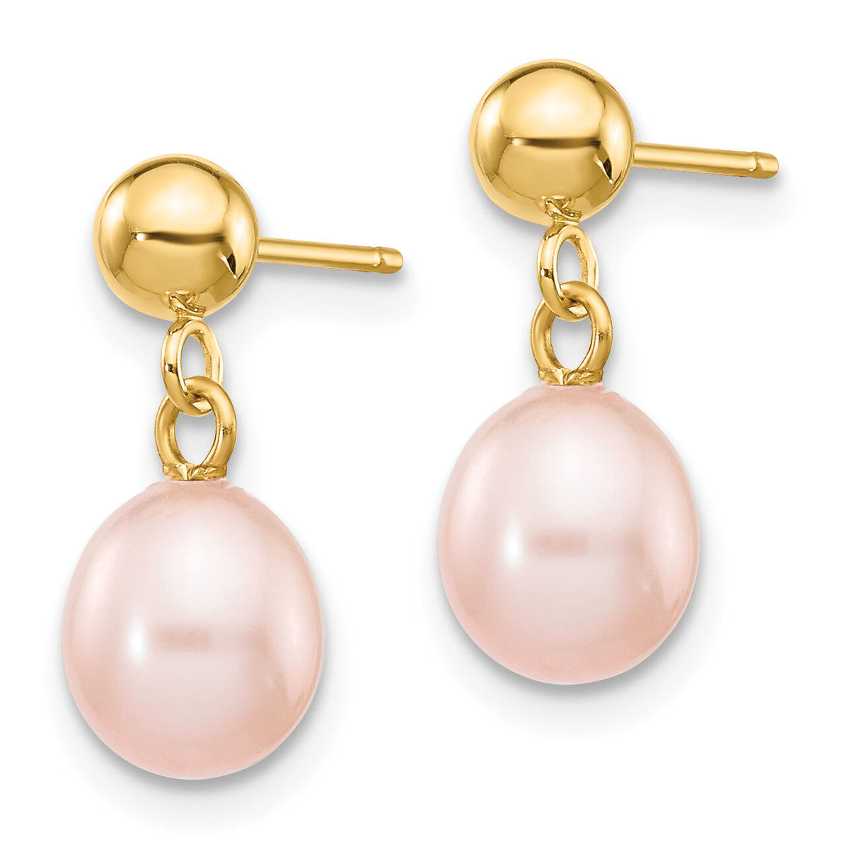 14k 6-7mm Pink Rice Freshwater Cultured Pearl Post Dangle Earrings-XF267E