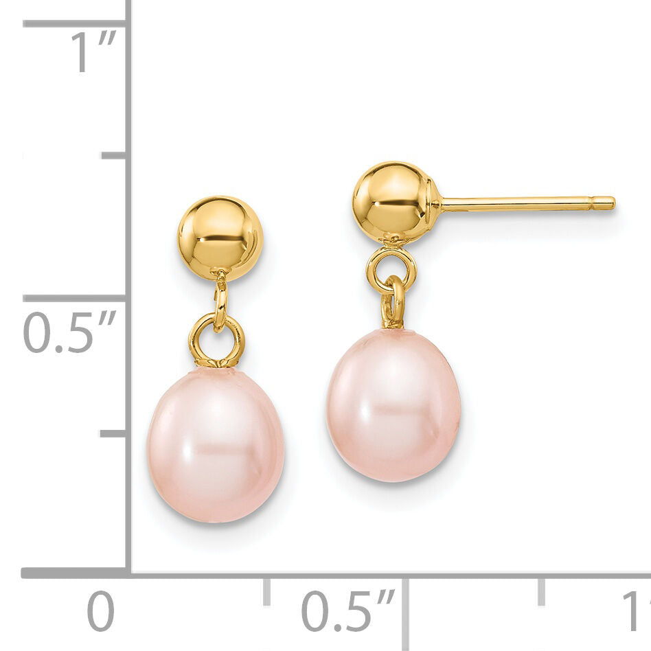 14k 6-7mm Pink Rice Freshwater Cultured Pearl Post Dangle Earrings-XF267E