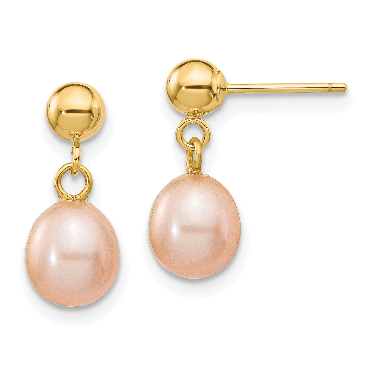 14k 6-7mm Pink Rice Freshwater Cultured Pearl Post Dangle Earrings-XF267E
