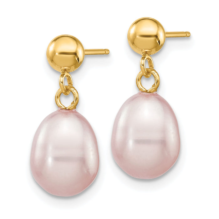 14k 7-8mm Purple Rice Freshwater Cultured Pearl Post Dangle Earrings-XF279E