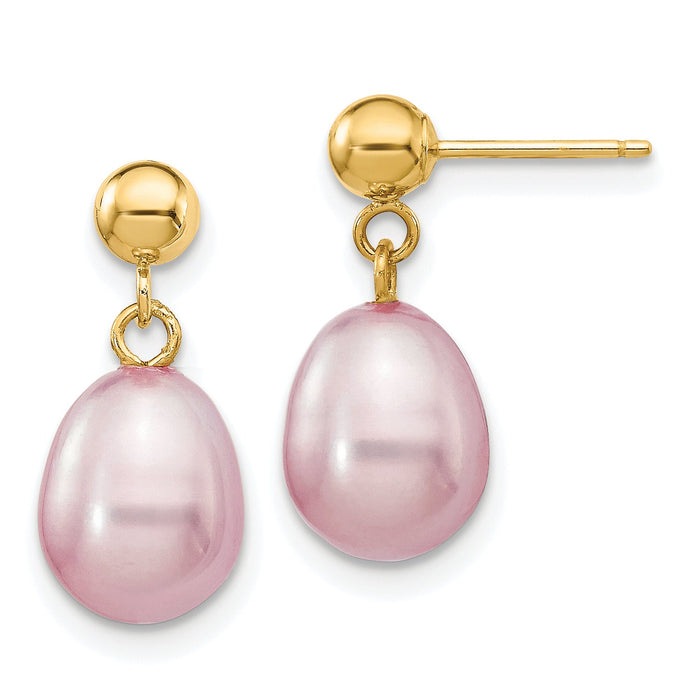 14k 7-8mm Purple Rice Freshwater Cultured Pearl Post Dangle Earrings-XF279E
