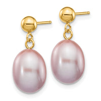 14k 8-9mm Purple Rice Freshwater Cultured Pearl Post Dangle Earrings-XF283E