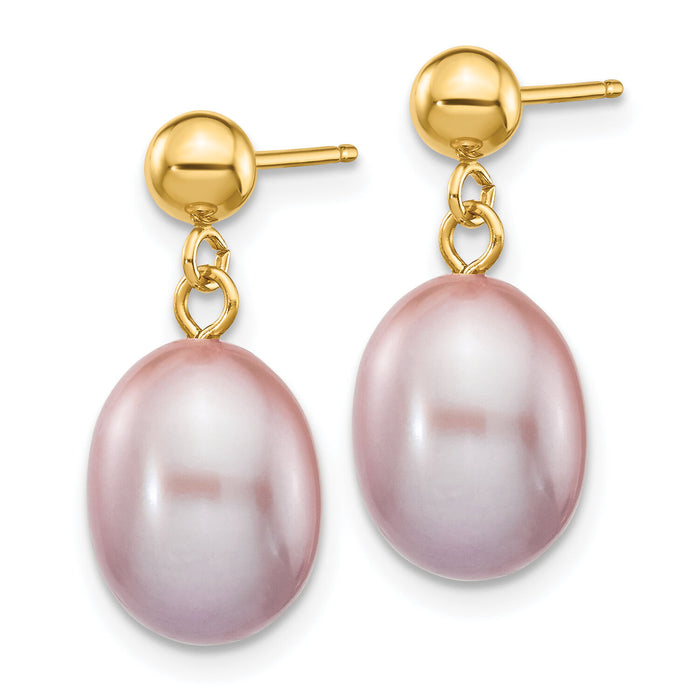 14k 8-9mm Purple Rice Freshwater Cultured Pearl Post Dangle Earrings-XF283E