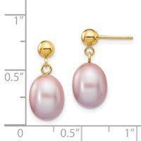 14k 8-9mm Purple Rice Freshwater Cultured Pearl Post Dangle Earrings-XF283E
