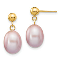 14k 8-9mm Purple Rice Freshwater Cultured Pearl Post Dangle Earrings-XF283E