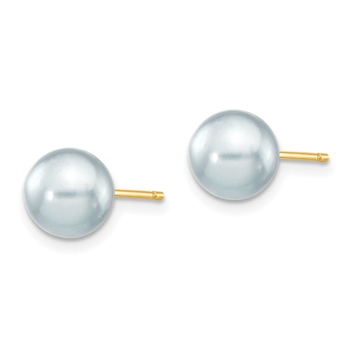 14k 7-8mm Round Grey Saltwater Akoya Cultured Pearl Stud Post Earrings-XF291E
