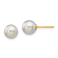 14k 7-8mm Round Grey Saltwater Akoya Cultured Pearl Stud Post Earrings-XF291E