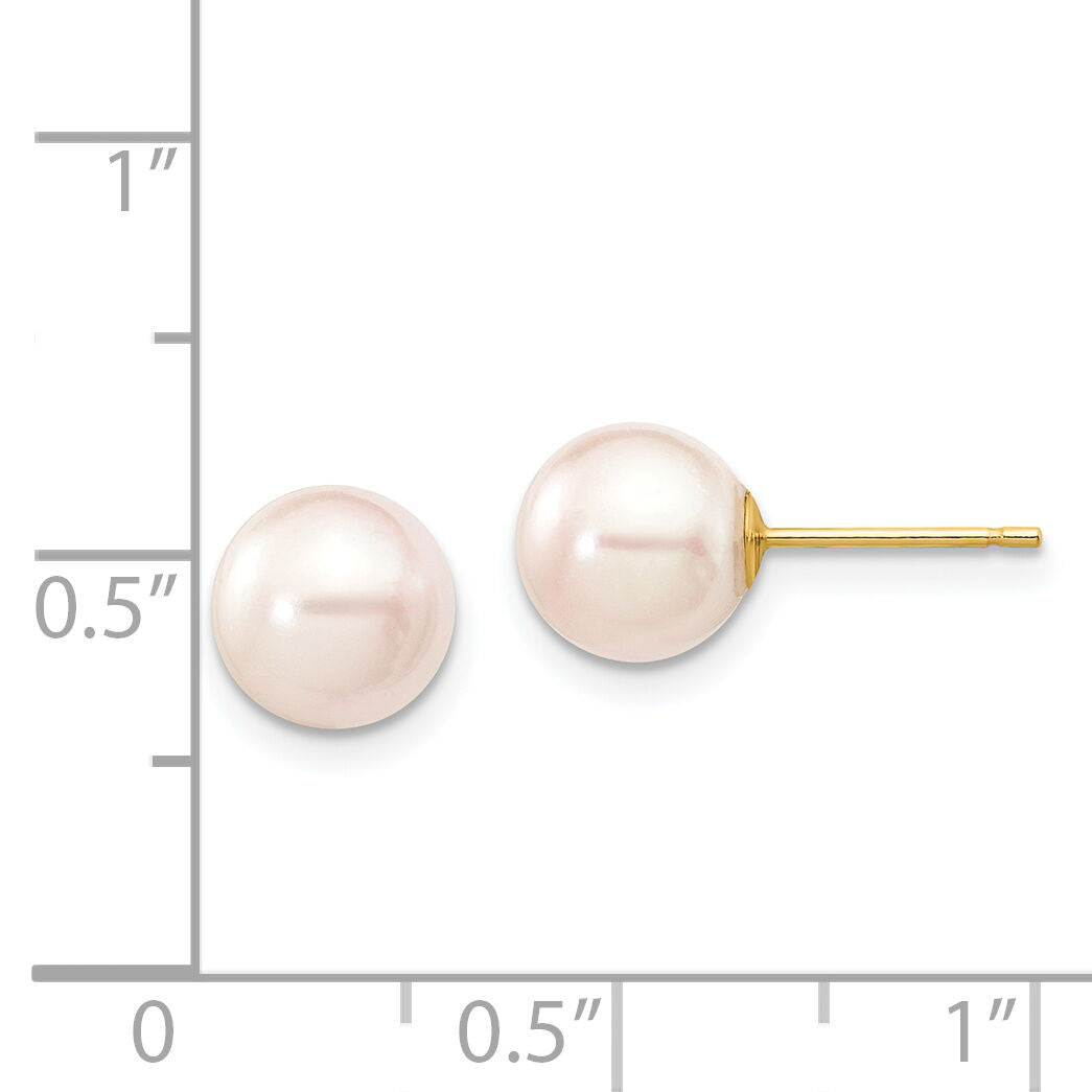 14k 7-8mm Round White Saltwater Akoya Cultured Pearl Stud Post Earrings-XF301E