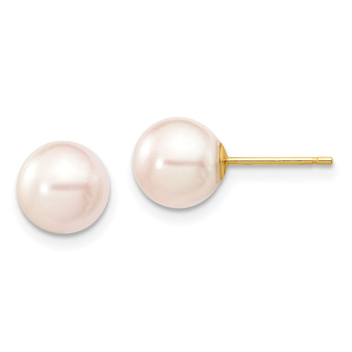 14k 7-8mm Round White Saltwater Akoya Cultured Pearl Stud Post Earrings-XF301E