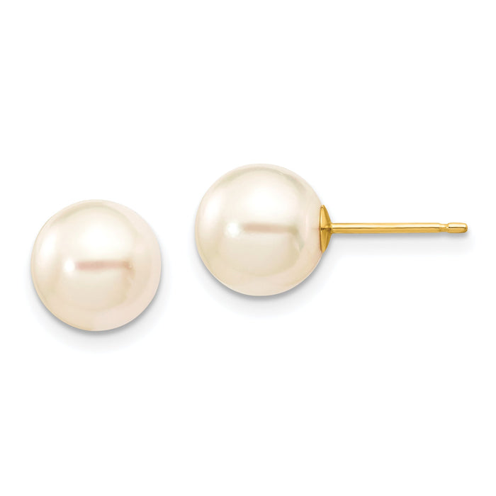 14k 8-9mm Round White Saltwater Akoya Cultured Pearl Stud Post Earrings-XF302E
