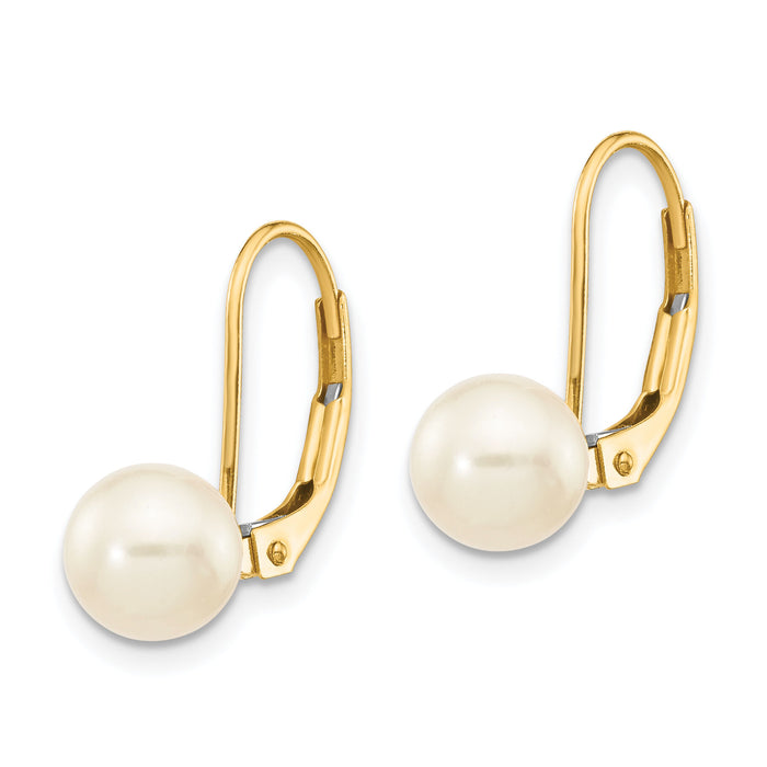 14K 6-7mm White Round Freshwater Cultured Pearl Leverback Earrings-XF322E