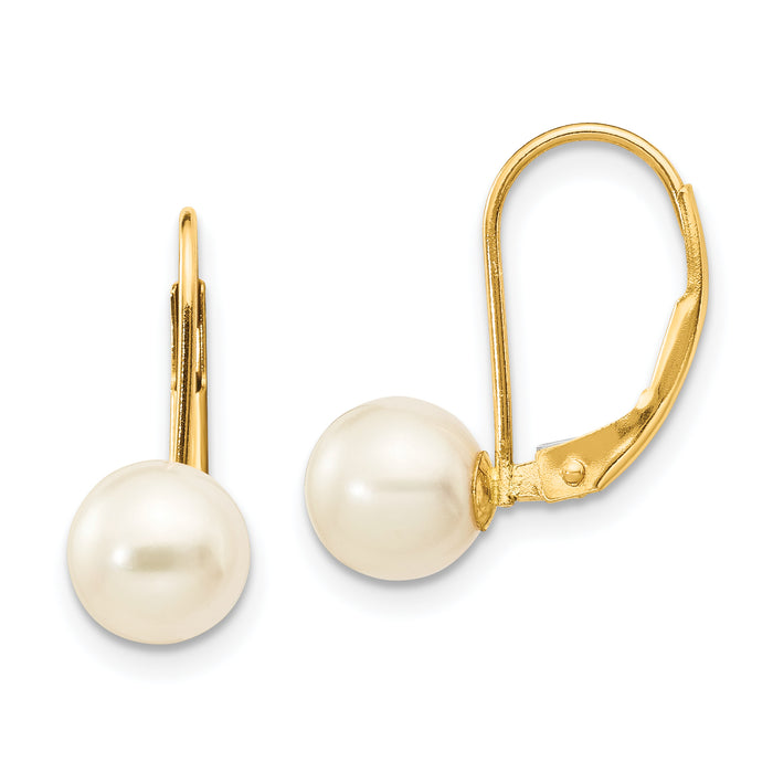 14K 6-7mm White Round Freshwater Cultured Pearl Leverback Earrings-XF322E