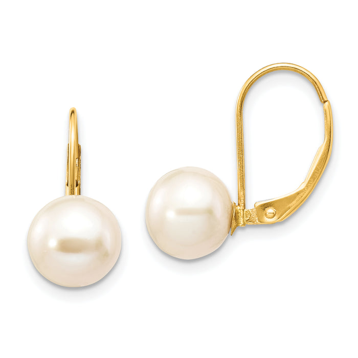 14K 8-9mm White Round Freshwater Cultured Pearl Leverback Earrings-XF324E