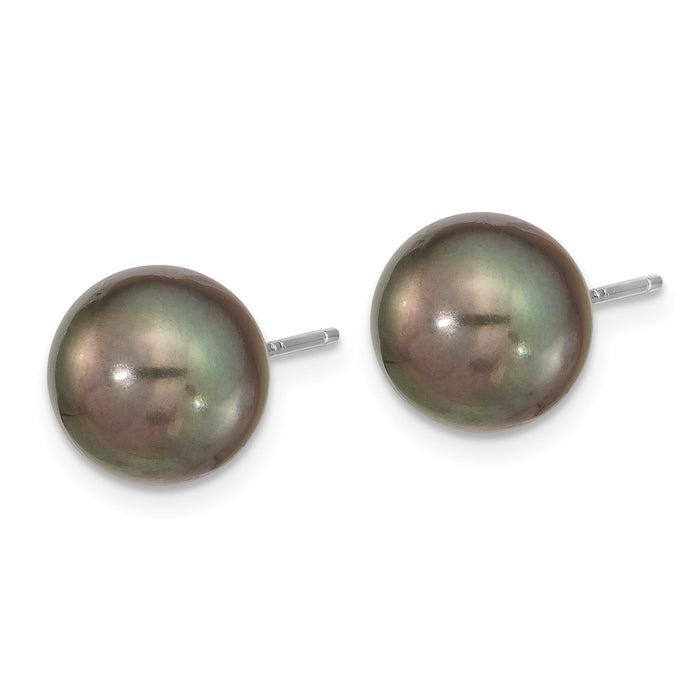 14k WG 9-10mm Black Round Saltwater Cultured Tahitian Pearl Post Earrings-XF327E