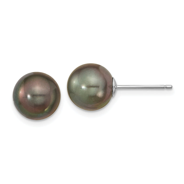 14k WG 9-10mm Black Round Saltwater Cultured Tahitian Pearl Post Earrings-XF327E