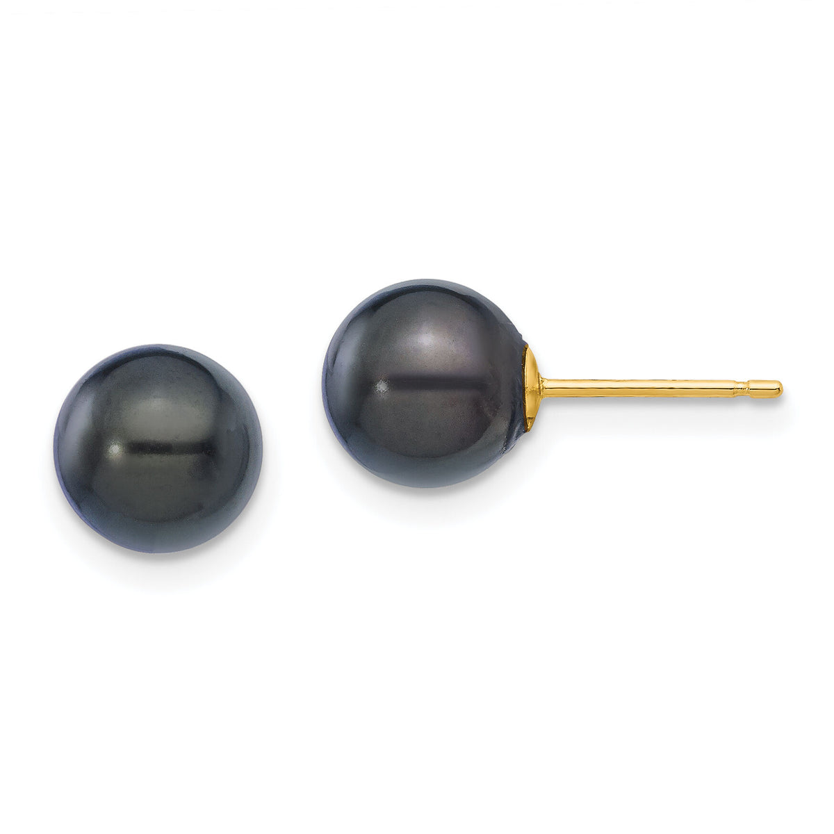 14k 7-8mm Round Black Saltwater Akoya Cultured Pearl Stud Post Earrings-XF329E