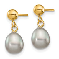 14k 6-7mm Grey Rice Freshwater Cultured Pearl Post Dangle Earrings-XF330E