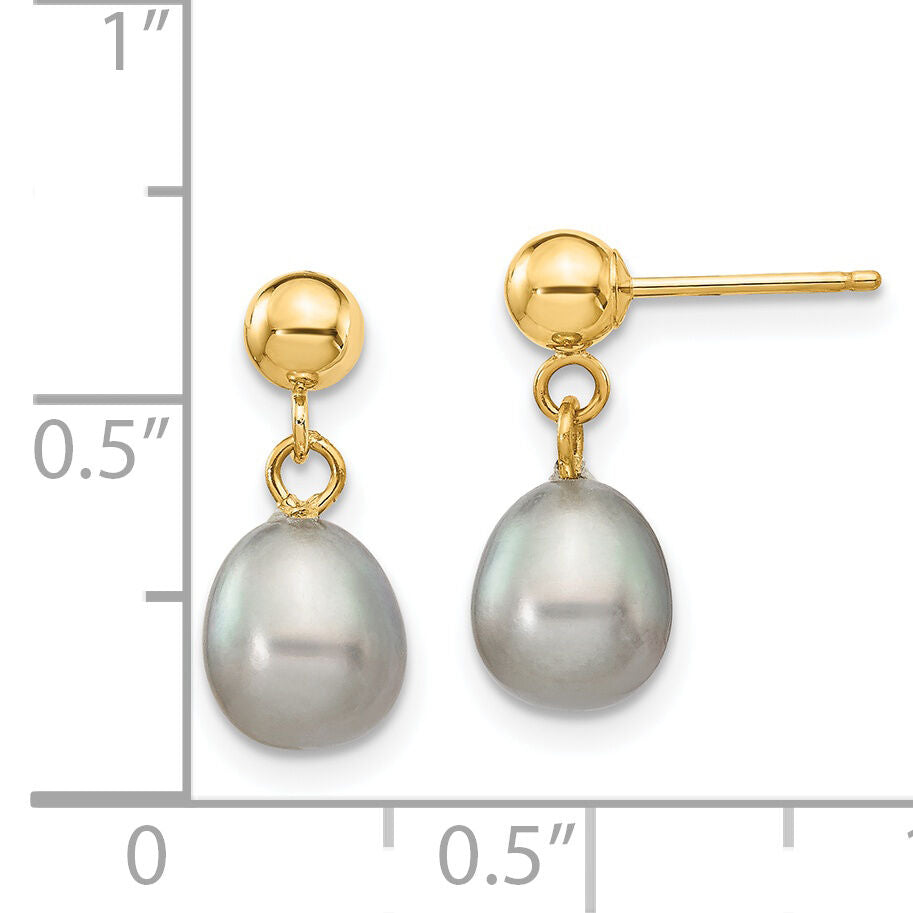14k 6-7mm Grey Rice Freshwater Cultured Pearl Post Dangle Earrings-XF330E