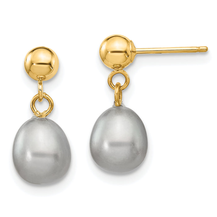 14k 6-7mm Grey Rice Freshwater Cultured Pearl Post Dangle Earrings-XF330E