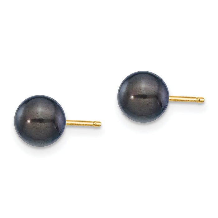 14k 6-7mm Round Black Saltwater Akoya Cultured Pearl Stud Post Earrings-XF333E