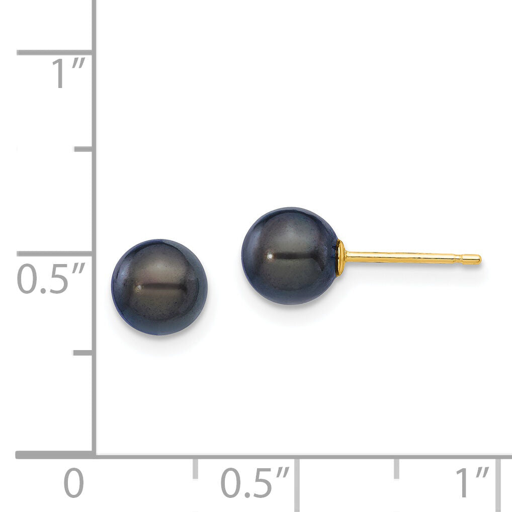 14k 6-7mm Round Black Saltwater Akoya Cultured Pearl Stud Post Earrings-XF333E