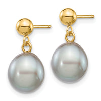 14k 8-9mm Grey Rice Freshwater Cultured Pearl Post Dangle Earrings-XF334E