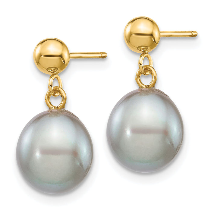 14k 8-9mm Grey Rice Freshwater Cultured Pearl Post Dangle Earrings-XF334E