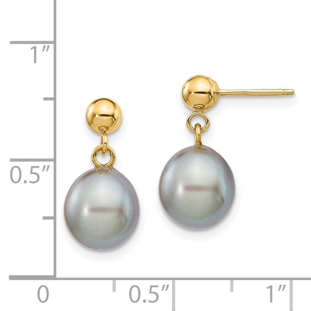 14k 8-9mm Grey Rice Freshwater Cultured Pearl Post Dangle Earrings-XF334E