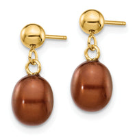 14k 6-7mm Brown Rice Freshwater Cultured Pearl Post Dangle Earrings-XF335E