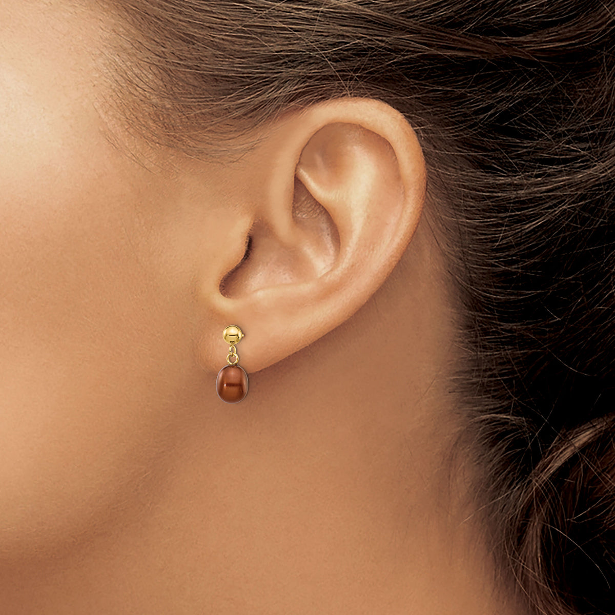 14k 6-7mm Brown Rice Freshwater Cultured Pearl Post Dangle Earrings-XF335E
