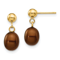 14k 6-7mm Brown Rice Freshwater Cultured Pearl Post Dangle Earrings-XF335E