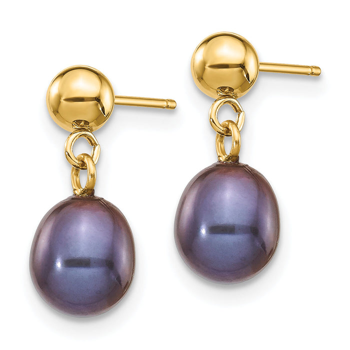 14k 6-7mm Black Rice Freshwater Cultured Pearl Post Dangle Earrings-XF337E