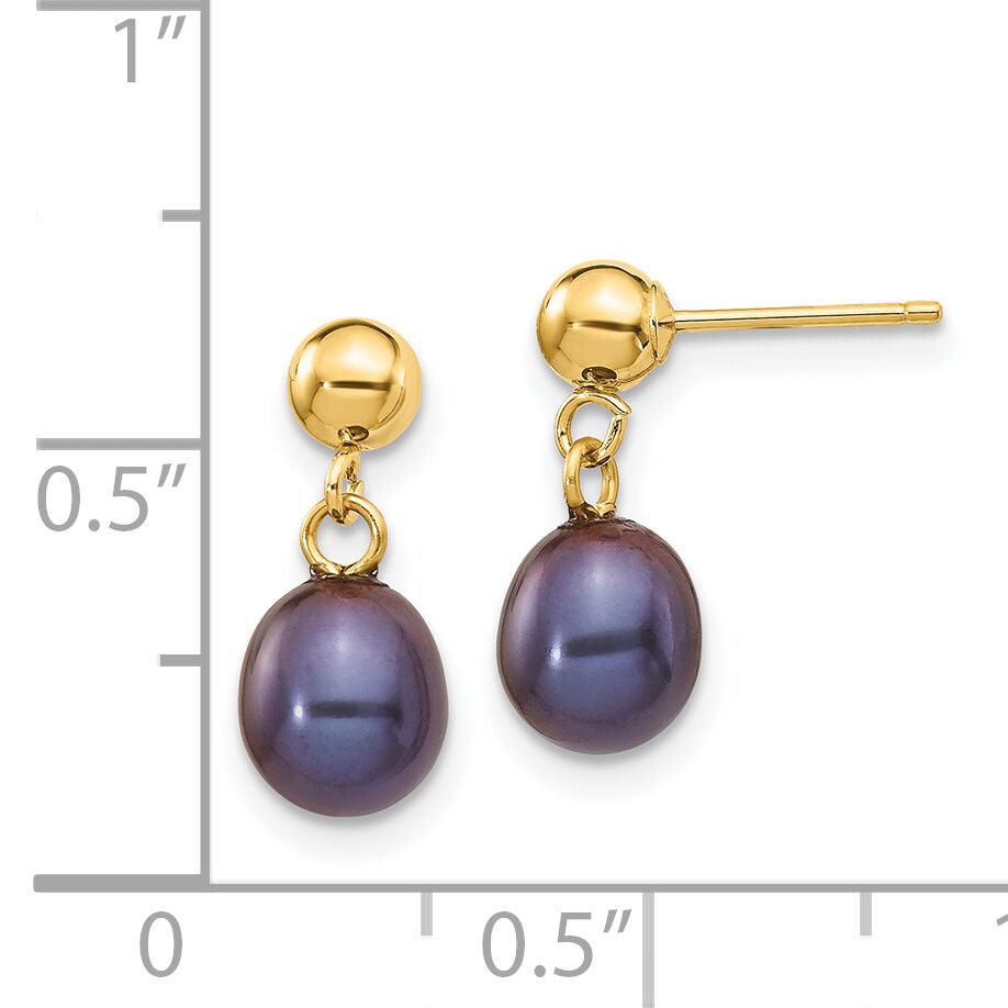 14k 6-7mm Black Rice Freshwater Cultured Pearl Post Dangle Earrings-XF337E