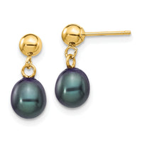 14k 6-7mm Black Rice Freshwater Cultured Pearl Post Dangle Earrings-XF337E