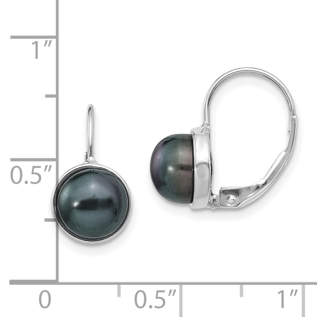 14K White Gold 6-7mm Black Button FW Cultured Pearl Leverback Earrings-XF347E