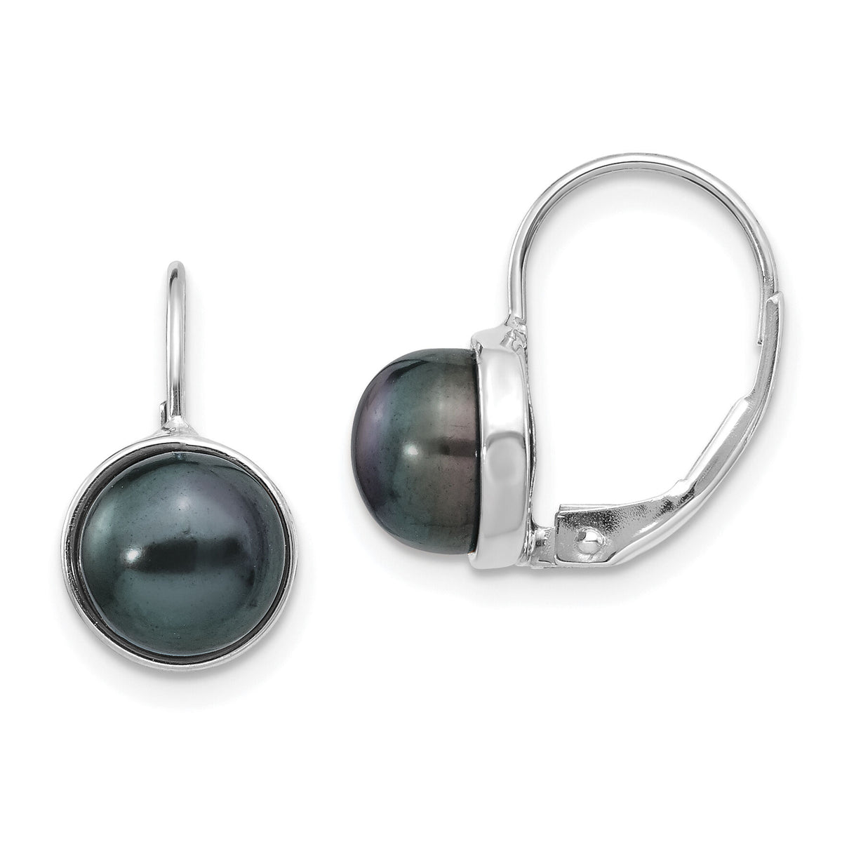 14K White Gold 6-7mm Black Button FW Cultured Pearl Leverback Earrings-XF347E