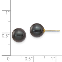 14k 8-9mm Round Black Saltwater Akoya Cultured Pearl Stud Post Earrings-XF348E