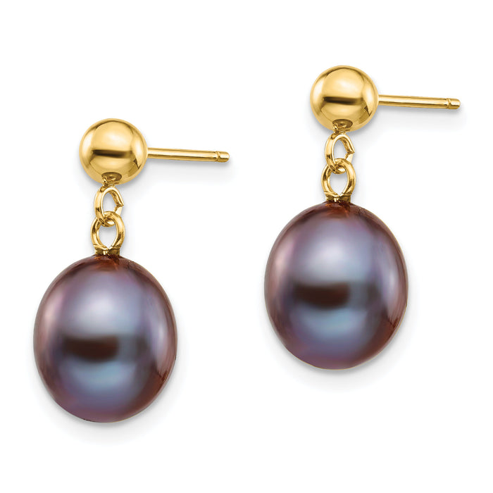 14k 8-9mm Black Rice Freshwater Cultured Pearl Post Dangle Earrings-XF349E