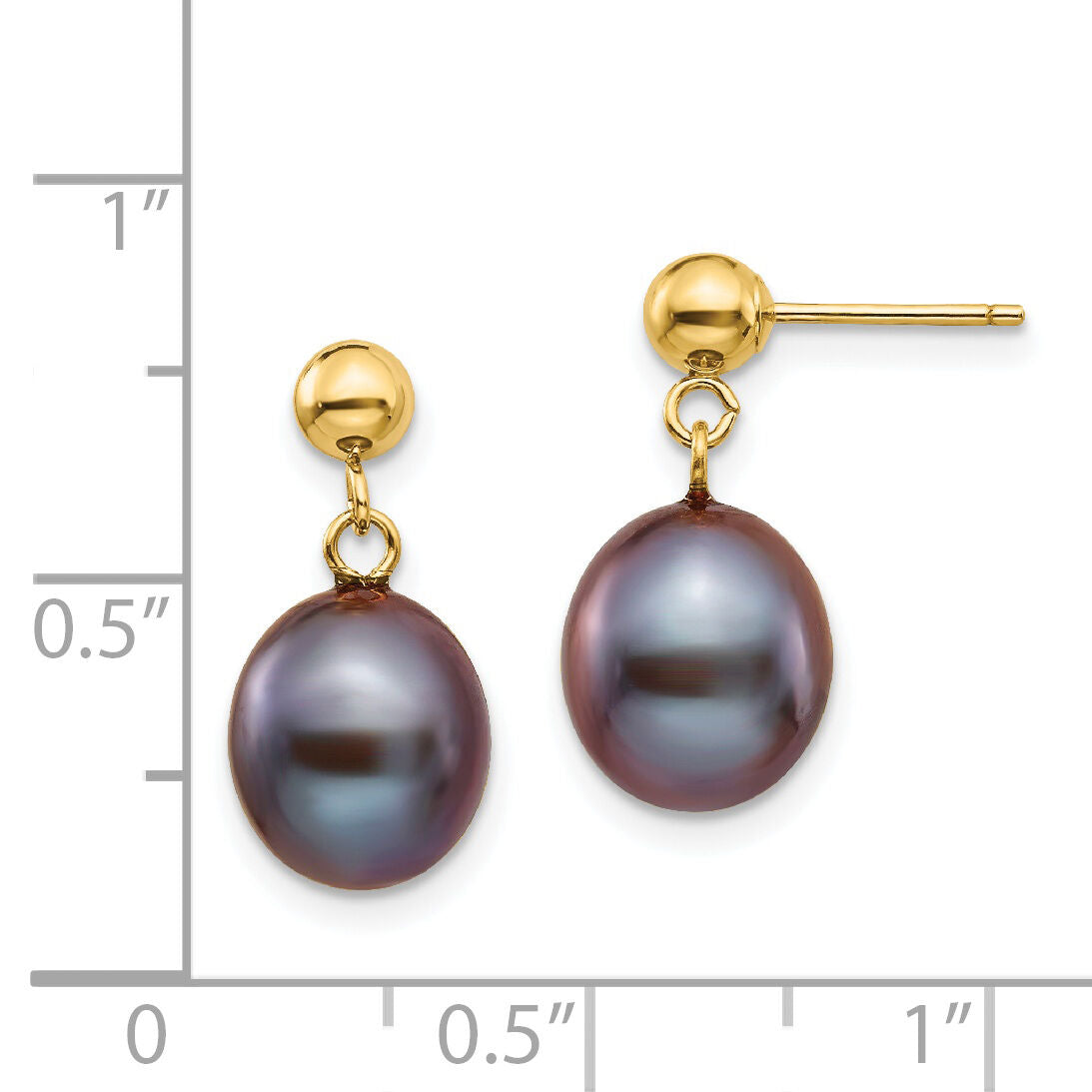 14k 8-9mm Black Rice Freshwater Cultured Pearl Post Dangle Earrings-XF349E
