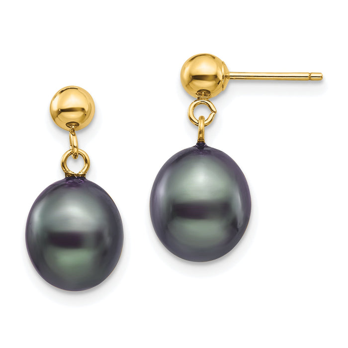 14k 8-9mm Black Rice Freshwater Cultured Pearl Post Dangle Earrings-XF349E