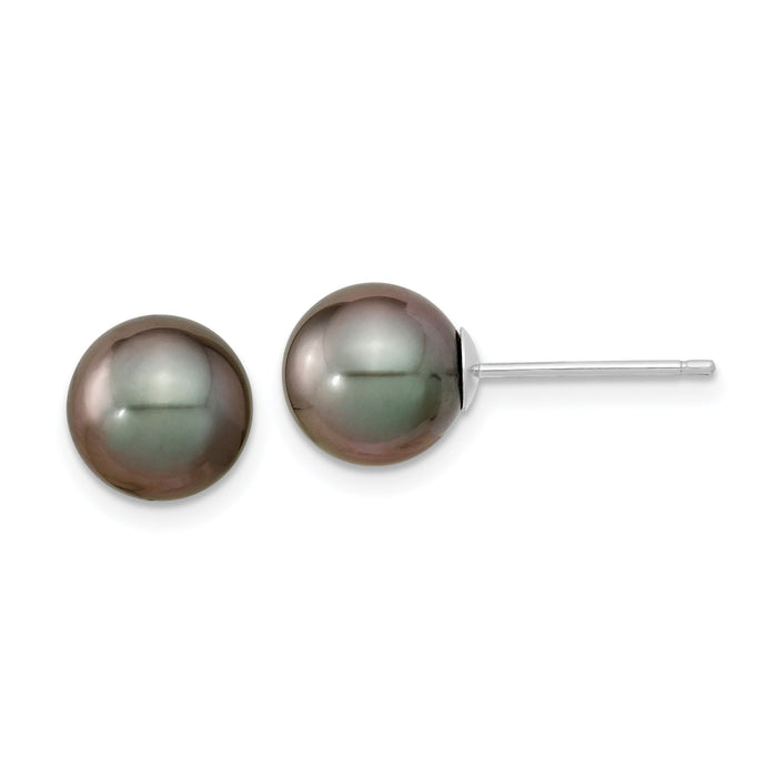 14k WG 8-9mm Black Round Saltwater Cultured Tahitian Pearl Post Earrings-XF350E