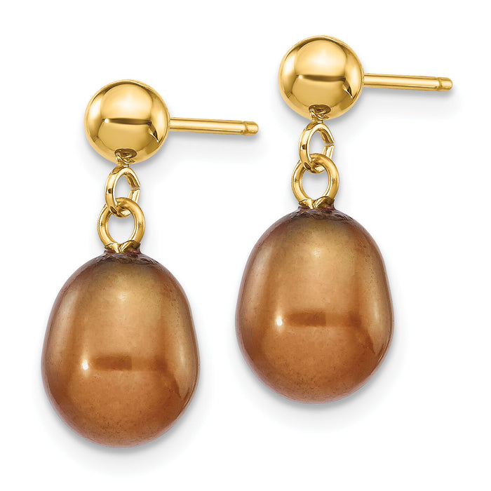 14k 7-8mm Brown Rice Freshwater Cultured Pearl Post Dangle Earrings-XF354E