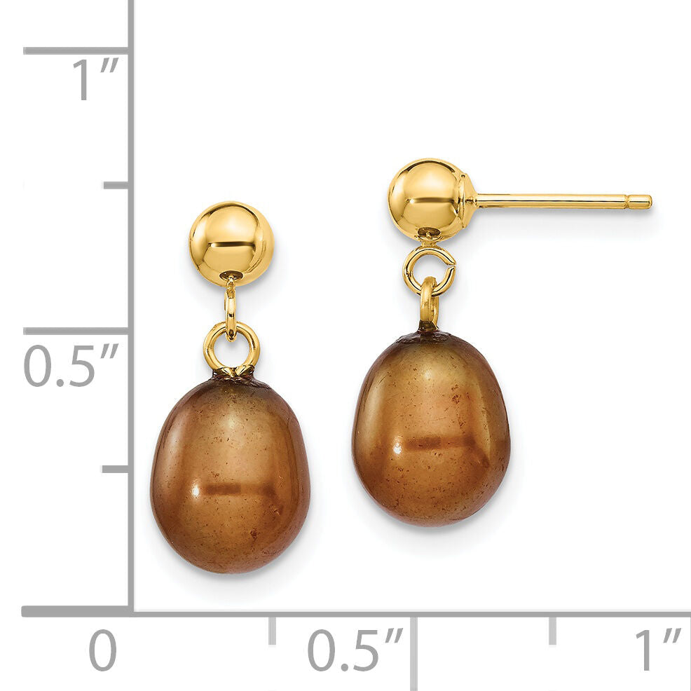 14k 7-8mm Brown Rice Freshwater Cultured Pearl Post Dangle Earrings-XF354E