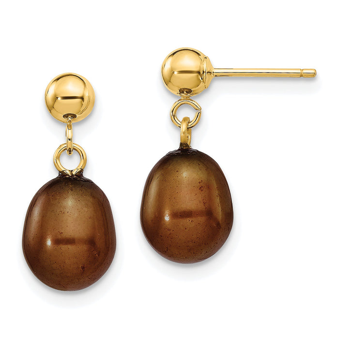 14k 7-8mm Brown Rice Freshwater Cultured Pearl Post Dangle Earrings-XF354E