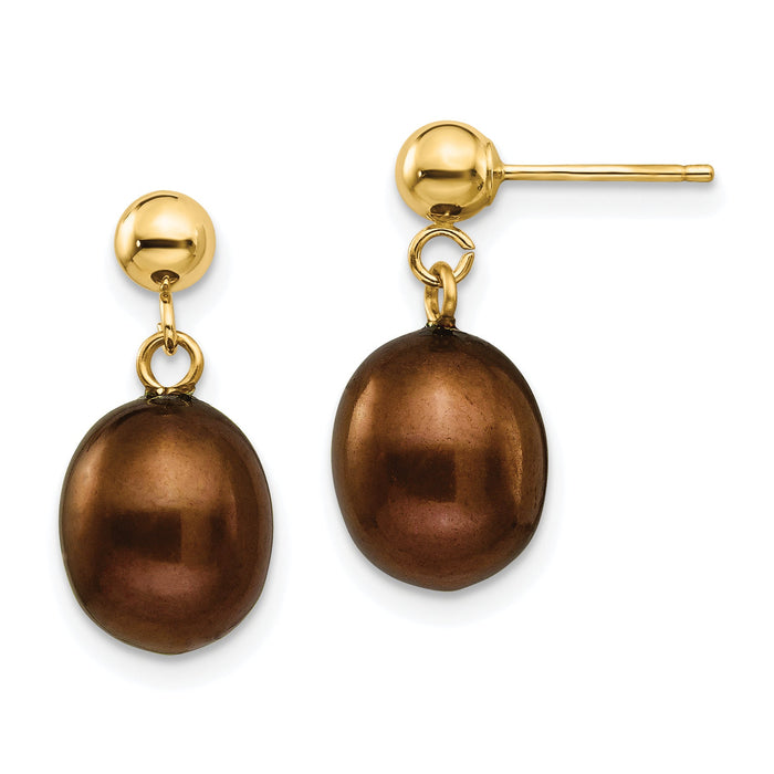 14k 8-9mm Brown Freshwater Cultured Pearl Post Dangle Earrings-XF355E